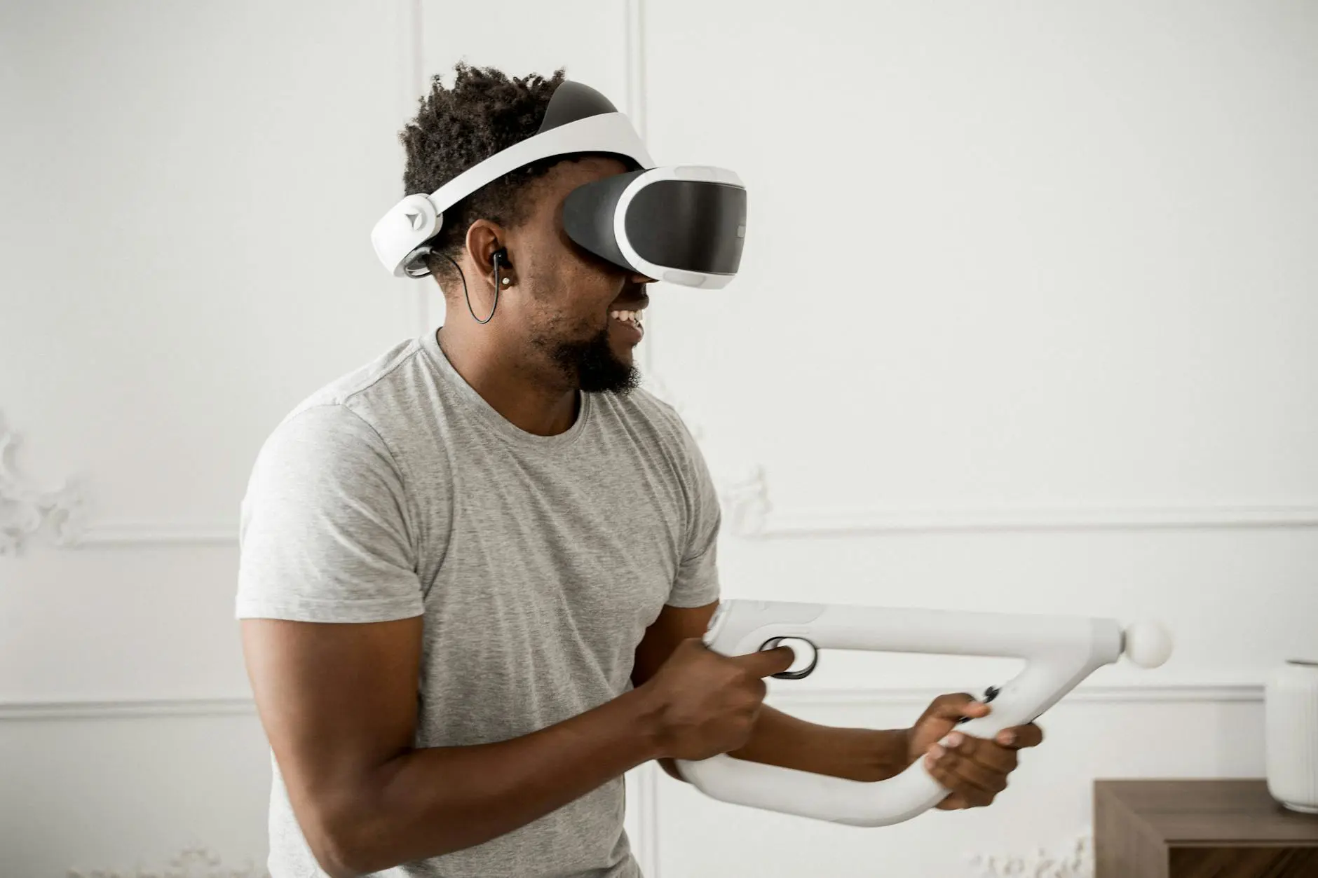 Person wearing VR headset exploring a metaverse virtual world