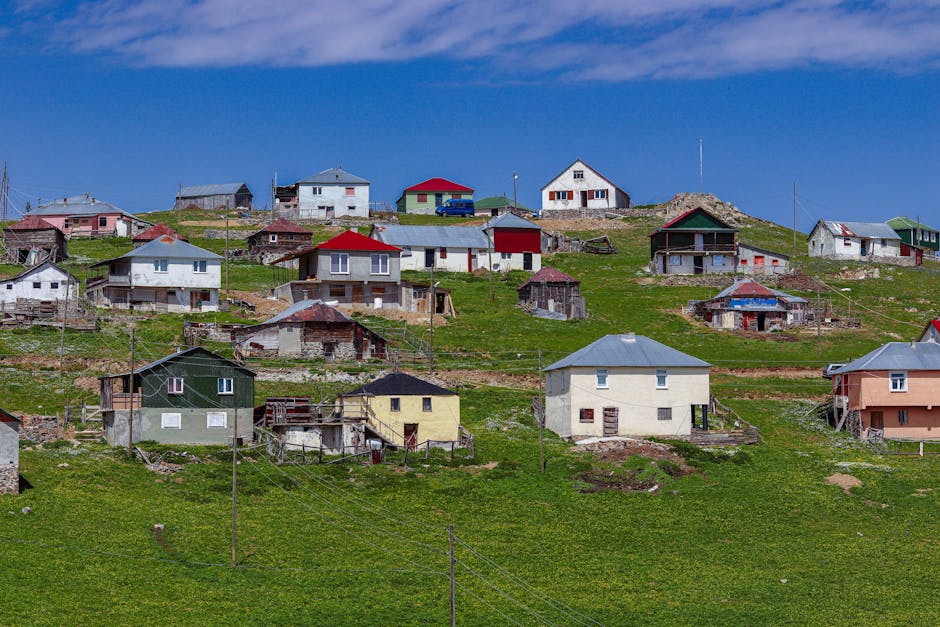 Türkiye, Gümüşhane'de yemyeşil tepelerdeki geleneksel evlerin manzarası.