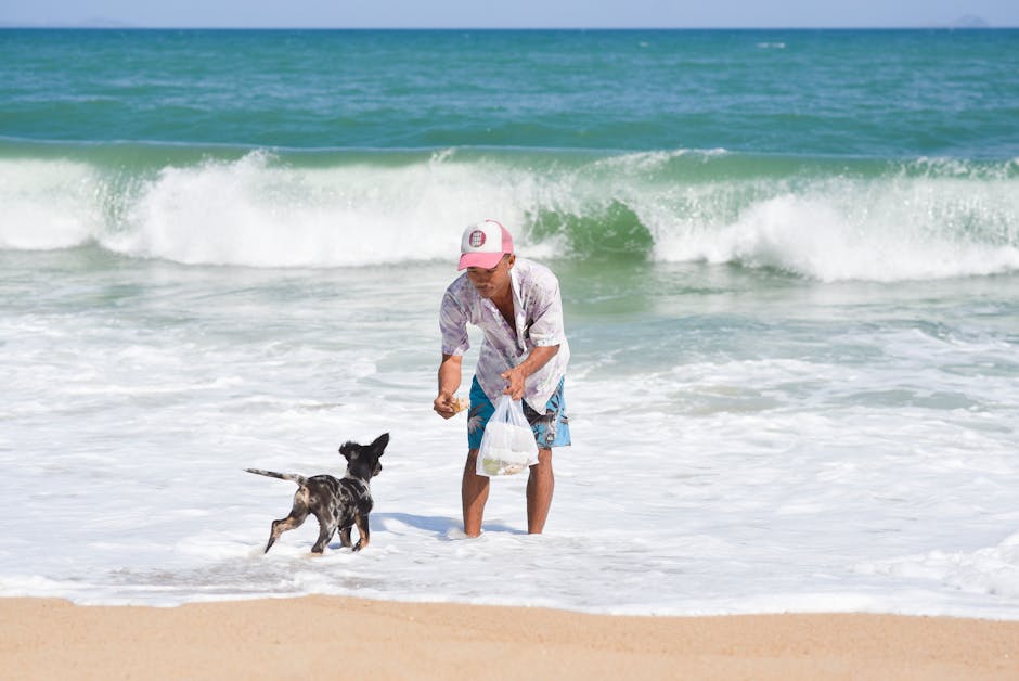 Vietnam'ın Nha Trang plajında güneşli bir günde, okyanus dalgalarının yanında bir adamın köpeğiyle oynadığı neşeli bir an.