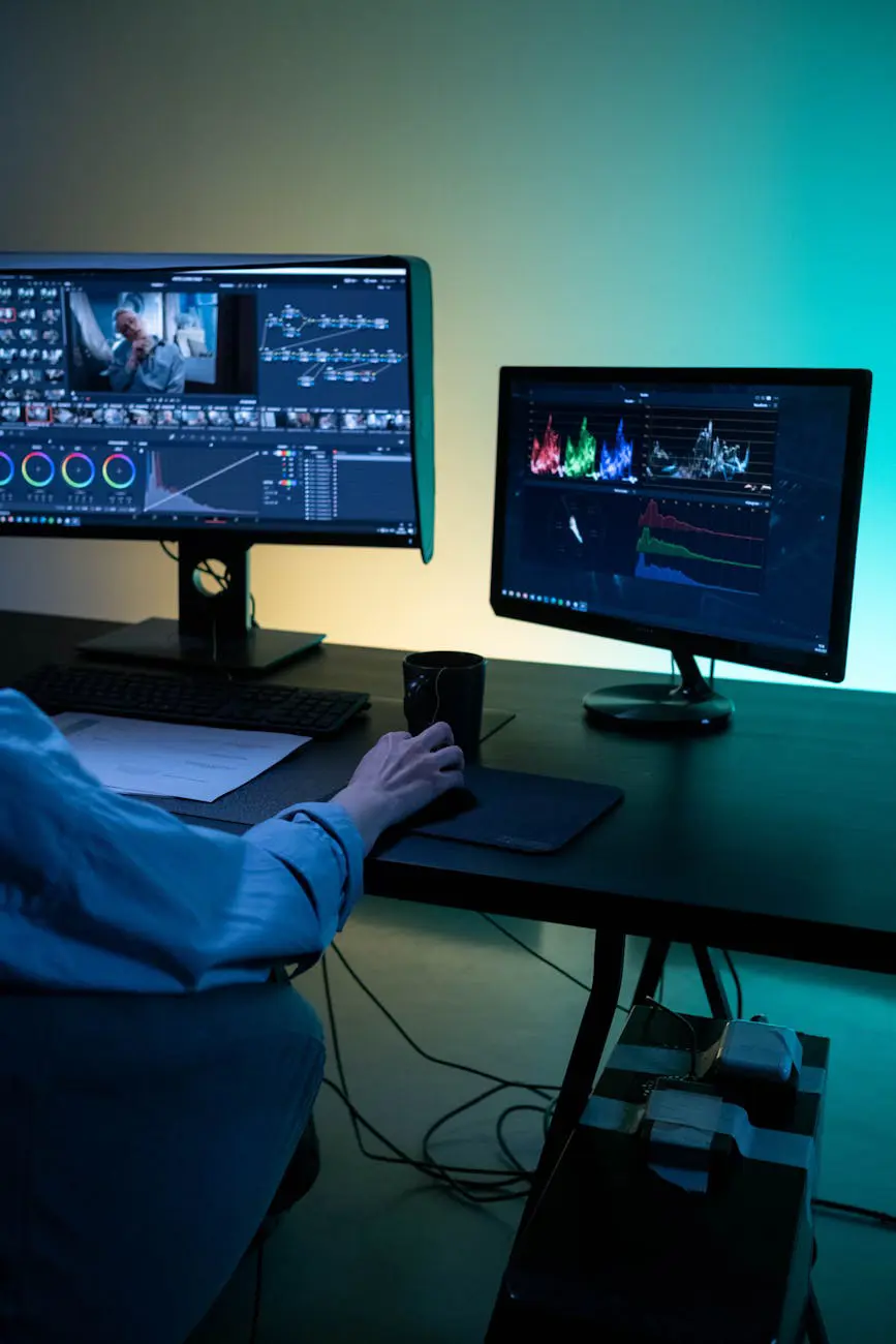 Video editing software on dual computer monitors - AI video editing workspace
