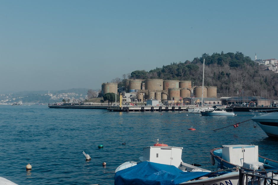 Berrak gökyüzü altında endüstriyel silolar ve teknelerin bulunduğu İstanbul'un sahil manzarası.