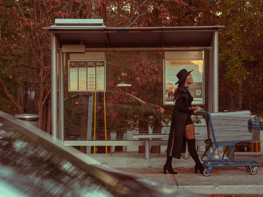 Atlanta, Georgia'daki bir açık hava otobüs durağında alışveriş arabasıyla şık bir kadın.